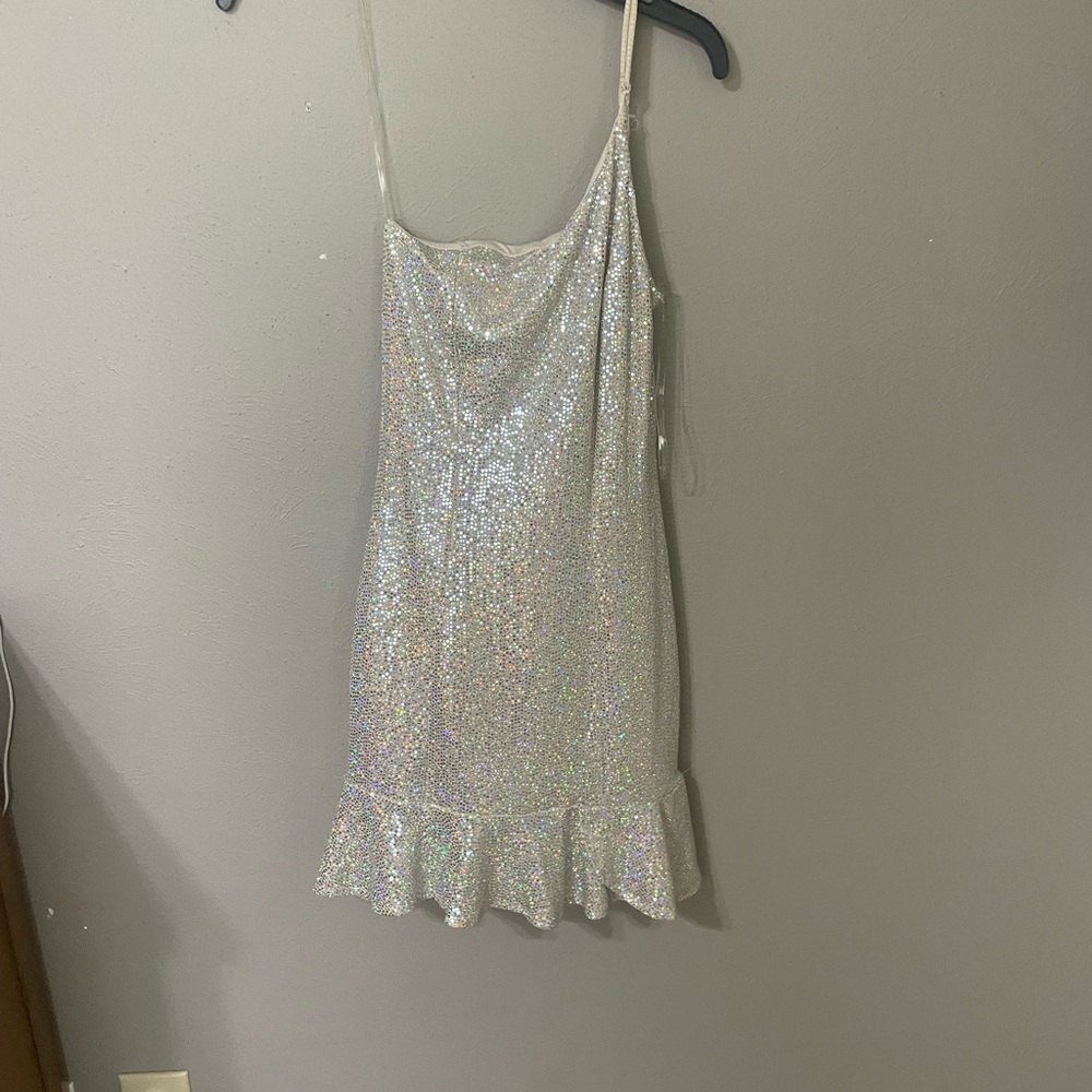 Silver off the shoulder sparkling homecoming/party dress.